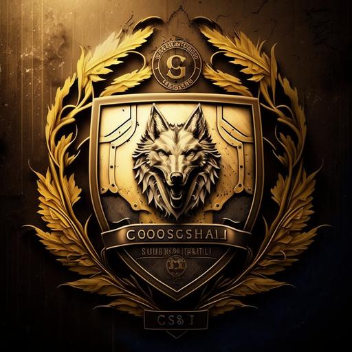 logo, ultra realistic, in the shape of a coat of arms, in gold metallic format, that has the name GOSB FC, that conntains the elements, wolf, beer, soccer ball, church