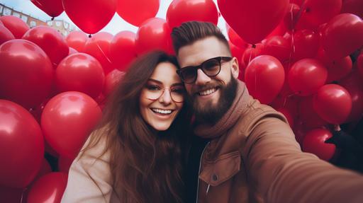 Happy 35 Year Old Female and male instagram models, Love heart shaped ballons in background, Nikon 8, --ar 16:9