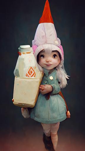 Happy Little Gnome Bunny Girl, Character Art, Cute Gnome hat, box of milk in hand, octane render, 16k, ✨ --ar 9:16 --q 0.5 --uplight