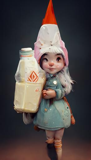 Happy Little Gnome Bunny Girl, Character Art, Cute Gnome hat, box of milk in hand, octane render, 16k, ✨ --ar 9:16 --q 0.5