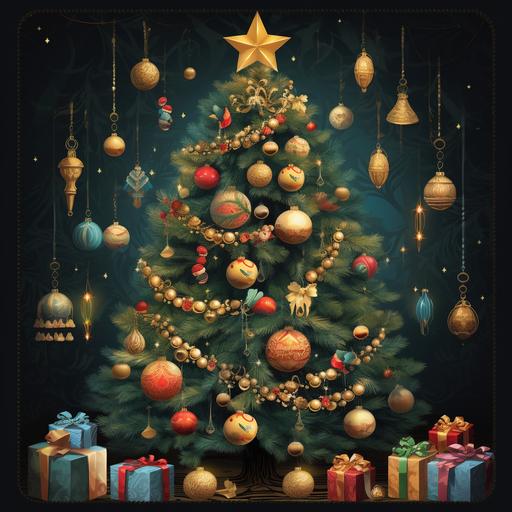Happy New Year card, Christmas tree with toys
