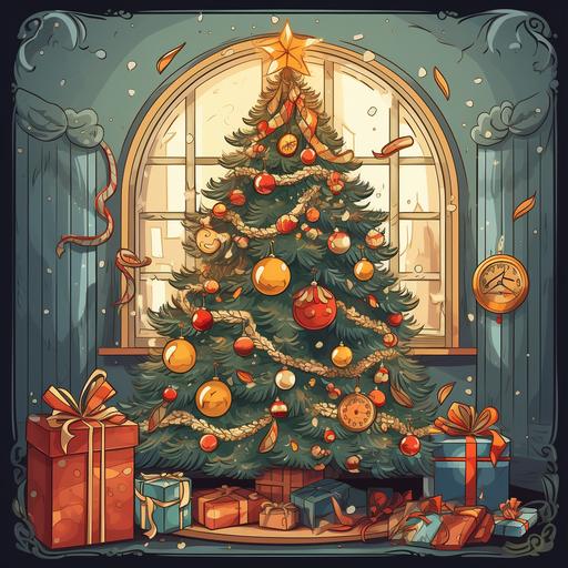Happy New Year card, Christmas tree with toys