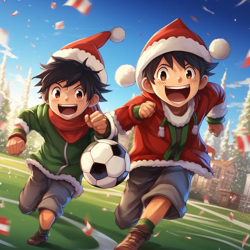 Happy anime 12 year old boys playing soccer outdoors, wearing santa hats and elf hats.