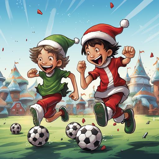 Happy cartoon 12 year old boys playing soccer outdoors, wearing santa hats and elf hats.