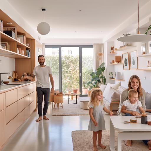 Happy family inside a compact modern european living room with open kitchen in the background, 32year old woman with medium-length light hair, 34 year old man with short brown hair, 2 year old toddler with teddybear, 4 year old girl with ponny tales, photography