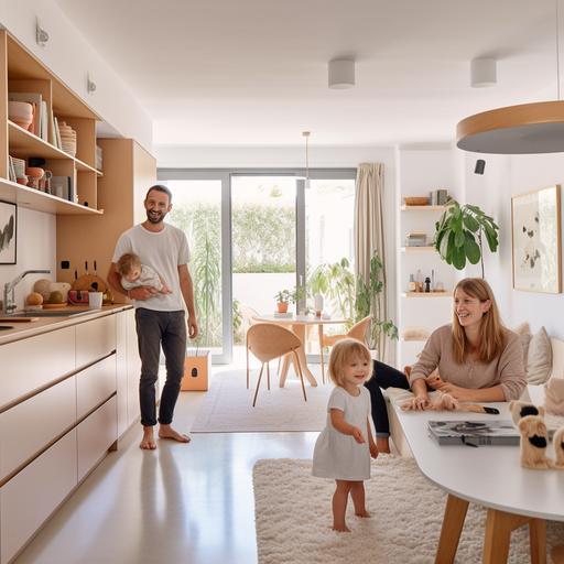 Happy family inside a compact modern european living room with open kitchen in the background, 32year old woman with medium-length light hair, 34 year old man with short brown hair, 2 year old toddler with teddybear, 4 year old girl with ponny tales, photography