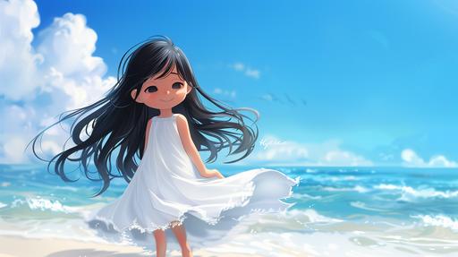 Happy little girl in a white dress with black hair flowing in the wind, sea background, cartoon style, HD picture quality, V5, --ar 16:9 --v 6.0