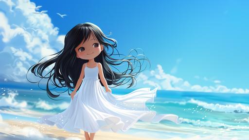 Happy little girl in a white dress with black hair flowing in the wind, sea background, cartoon style, HD picture quality, V5, --ar 16:9 --v 6.0