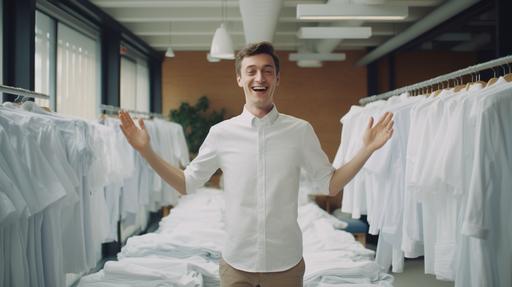 Happy man holding up a long sleeve white shirts and lots of white pajamas sets in office. Photo real shot on Agfa Vista 200, 4k --ar 16:9