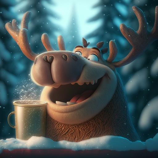 Happy new year, pixar animation, cartoon caribou drinking, large smile, large teeth refracting through transparent cup, snowy fir, winter landscape,cinematic lighting, --v 4