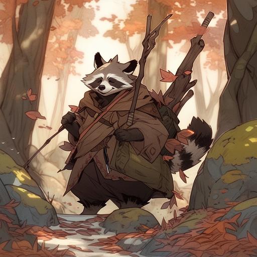 Happy village of raccoons in an autumn forest. Wise elder raccoon cryptid using a twisted branch as a walking stick --niji 5