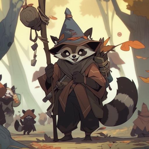 Happy village of raccoons in an autumn forest. Wise elder raccoon cryptid using a twisted branch as a walking stick --niji 5
