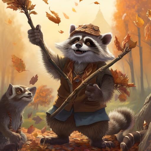 Happy village of raccoons in an autumn forest. Wise elder raccoon cryptid using a twisted branch as a walking stick