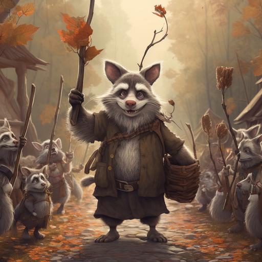 Happy village of raccoons in an autumn forest. Wise elder raccoon cryptid using a twisted branch as a walking stick