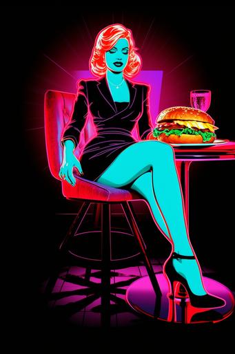 Hardboiled burger with long white shapely legs posing in the style of marilyn monroe, blacklight poster, glow-in-the-dark --ar 2:3