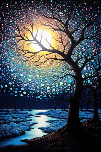 Hardboiled, moonlit, impressionist, pointillist dots of multicolored light, black accents, glow-in-the-dark blacklight poster --ar 2:3