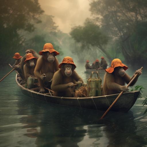 realistic depiction of a group of bucket hat wearing orangutans going fishing on a river boat in vietnam