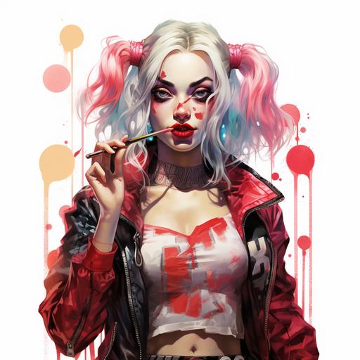 Harley Quinn holding a bat and blowing bubble gum from her mouth, make the background vibrant red. make her face obscured. make her wear a black and red jacket adorned with various badges and symbols. make the bat appear to be stained or splattered with paint.