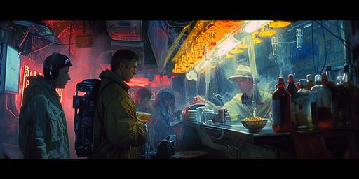 Harrison Ford as Rick Deckard ordering a bowl of Loong Dragon soup from the White Dragon Noodle bar in Blade Runner --ar 2:1 --s 200 --sref  --v 6.0