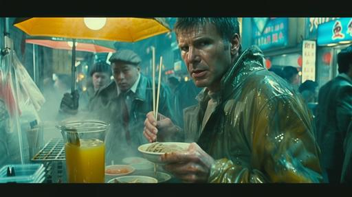 Harrison Ford as Rick Deckard ordering a bowl of Loong Dragon soup from the White Dragon Noodle bar in Blade Runner --ar 16:9 --s 200 --sref  --v 6.0