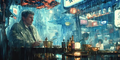Harrison Ford as Rick Deckard ordering a bowl of Loong Dragon soup from the White Dragon Noodle bar in Blade Runner. A retrofuturistic film noir movie still of a scene from Blade Runner --ar 2:1 --s 444 --sref   --niji 6