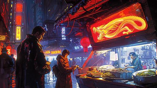 Harrison Ford as Rick Deckard ordering a bowl of Loong Dragon soup from the White Dragon Noodle bar in Blade Runner --ar 16:9 --s 200 --sref  --v 6.0