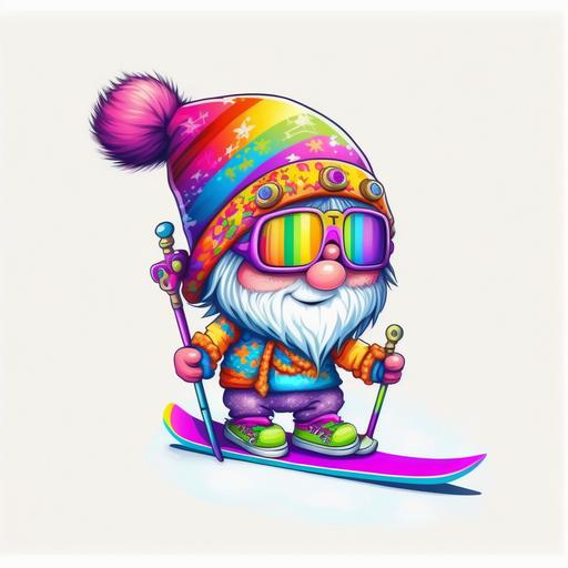 cute skier gnome cartoon in the style of Lisa Frank on a white background --v 4