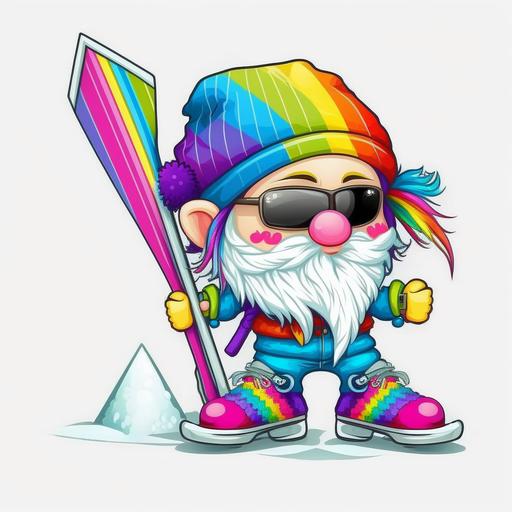 cute skier gnome cartoon in the style of Lisa Frank on a white background --v 4