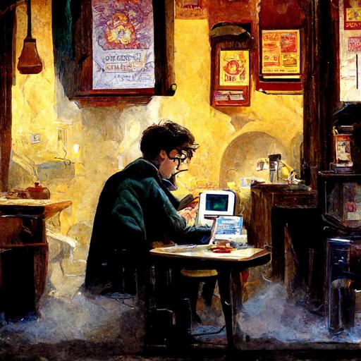 Harry Potter working on a Macintosh in a Spanish cafe