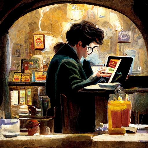 Harry Potter working on a Macintosh in a Spanish cafe