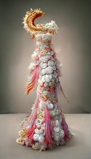 Haute couture chinese dragon dress made in ivory and candy cotton, ultra detailed rendering, cinematic, realistic, HDR, fashion design, --ar 9:16