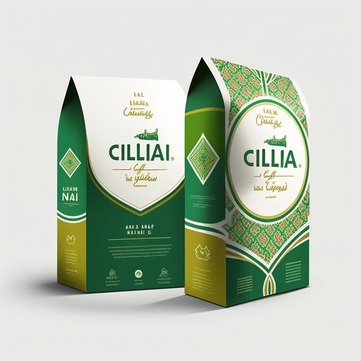 packaging features an eye-catching design that caters to the needs of our target audience seeking halal cat food options. The primary colors used are shades of green and white, symbolizing purity and cleanliness, which are important aspects of halal products. A subtle Islamic geometric pattern provides an elegant backdrop to the main visuals. A high-quality, close-up photograph of the halal cat food kibbles takes center stage, with a content and healthy cat featured alongside to showcase the product's appeal to our feline friends. The cat's fur color and breed are carefully chosen to represent the diverse range of cats that enjoy our product. The product name, 