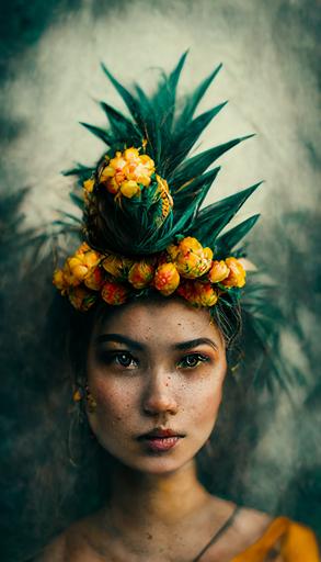 Hawaiian pineapple queen, Hawaiian woman with a pineapple crown, pineapple dress, beautiful :: photography, 4k —ar 9:16