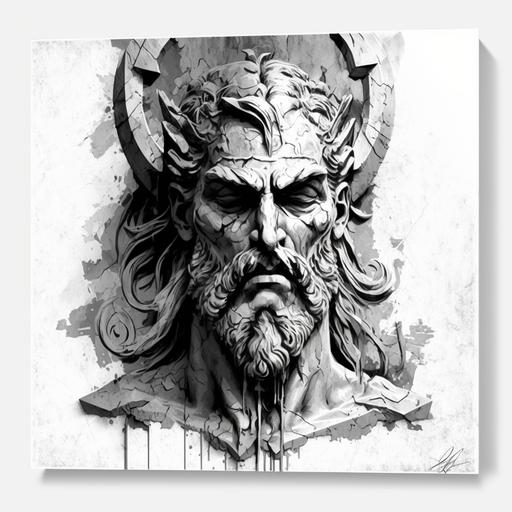 Head of Hades out of stone, old antique stome texture, super detailed texture, Hades with a furious look, looks straight at me, super detailed comic style influenced, white background, moody stone texture