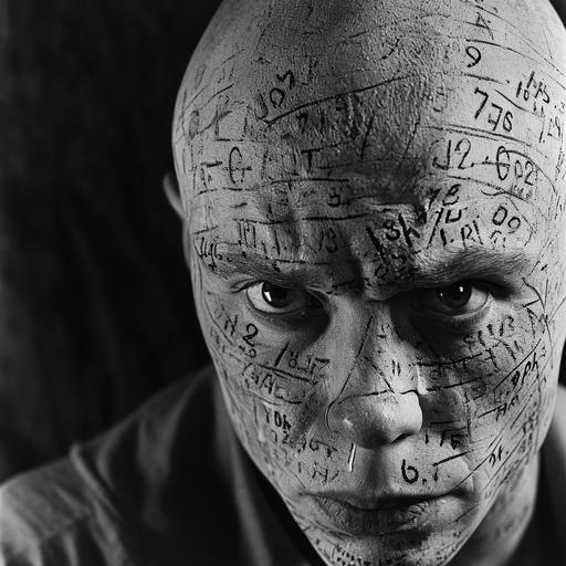 Head shot portrait of a bald man staring deeply into camera, his skin is branded all over his head and face with numbers, cauterized, prison tattoos, experimental black and white portrait photography, Man Ray --v 6.0