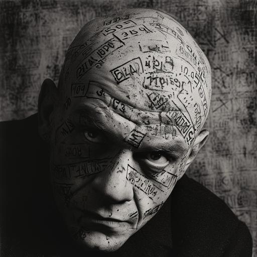 Head shot portrait of a bald man staring deeply into camera, his skin is branded all over his head and face with numbers, cauterized, prison tattoos, experimental black and white portrait photography, Man Ray --v 6.0