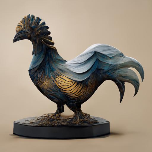 huge rooster paper statue grey-azure-gold color countryside background highly detailed unreal engine 8k --uplight