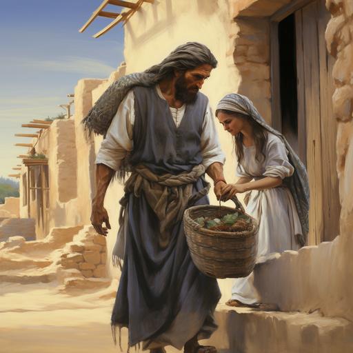 Hebrew man from the old testament, helping a lady to carry the bucket full of water to the house from the old testament