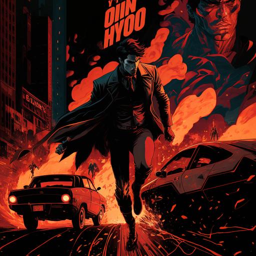 Man of the hour, Hero, Movie poster style, Dylan Dog illustration style, Burning city car in the background, Man with fight marks, people and buildings in the background, man carrying a gun, john wick, saving a girl, dramatic, well detailed, flying bullets, new yorker illustration style, a man in suit, drama, zoomed out, walking in front of the burning car, silhouette, dramatic lighting, mysterious man, full body, action, crime fiction, dramatic face lighting, backlit, back light, face covered, mystery, cover art