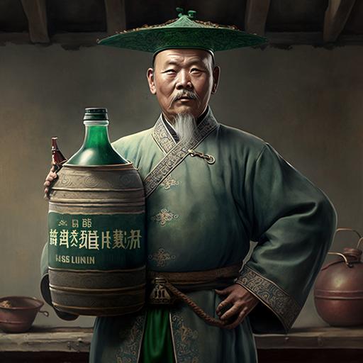 Heineken Working man in a Chinese's Han Dynasty's Dress holding a jug of Heineken Beer in a claypot --q 2 --v 4