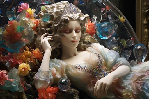 Helena with chameleon bodywear, floating fabrics, crystal glass and shards of colorful gemstones, life-size statue, view from slightly below, Rene Lalique, :wundervoll-ai:0, --ar 3:2