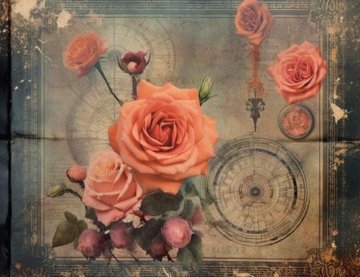 Heliocentric Ephemera, Vintage Rose Themed Book Cover, very grungy edges, high quality, in the style of Edith Holden --ar 22:17 --v 5.1