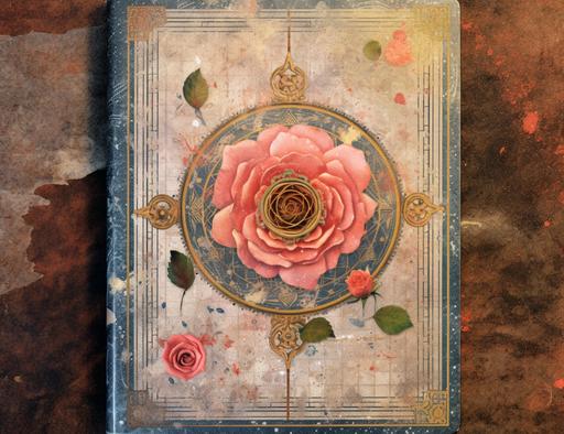 Heliocentric Ephemera, Vintage Rose Themed Book Cover, very grungy edges, high quality, in the style of Edith Holden --ar 22:17 --v 5.1
