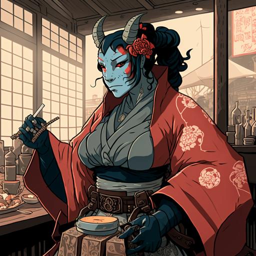Hellboy as a female oni, blue yukata, chest wrap bandages, kanabo, Japanese tea house, relaxing, arcane anime style