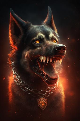 Hellhound growling while exposing his fangs, replete with smooth shiny black fur and detailed golthic collar, realistic glowing eyes, metal spiked gothic dog collar, luminous red glow emanating from his Aura, kintsugi background, photorealistic, cinematic scene, cinematic lighting --ar 2:3 --q 2