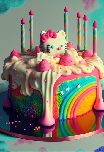 Hello kitty birthday cake  , Sanrio 8 bit birthday cake, --q 2 --v 4 --ar 2:3