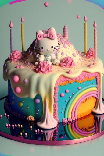 Hello kitty birthday cake  , Sanrio 8 bit birthday cake, --q 2 --v 4 --ar 2:3