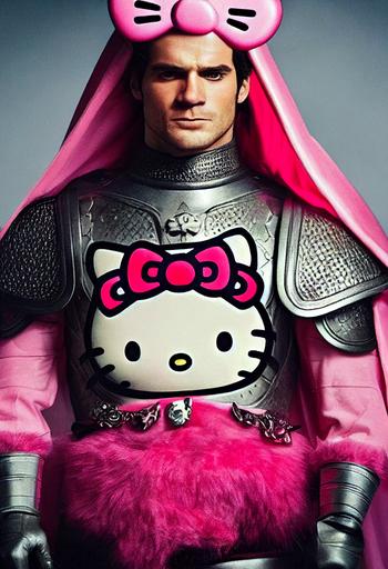 Hello kitty themed, Henry Cavill as the witcher, hello kitty stickers on a pink Hello Kitty armour, pink, pink ribbon on the head --testp --creative --ar 2:3 --v 3 --s 1250