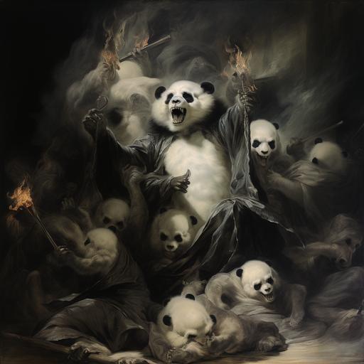 Henry Fuseli art technique, fiendish skeleton panda, dark smoke derived from the panda, panda is white and dark amethyst color, the panda is enrage attacking greek soldiers