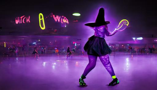witch wearing purple stockings and glowing apparel at a dark neon roller rink, in the style of robin eisenberg --ar 16:9